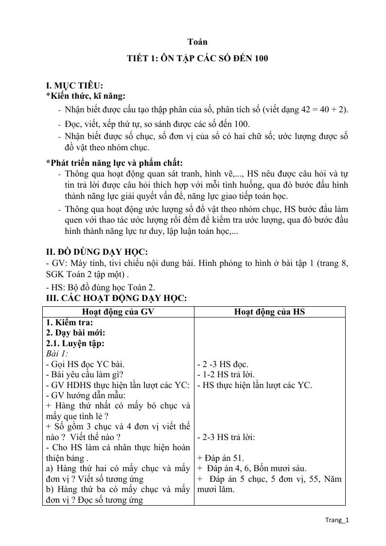 Giáo Án Môn Toán Lớp 2 Sách Học Kỳ 1 Rất hay