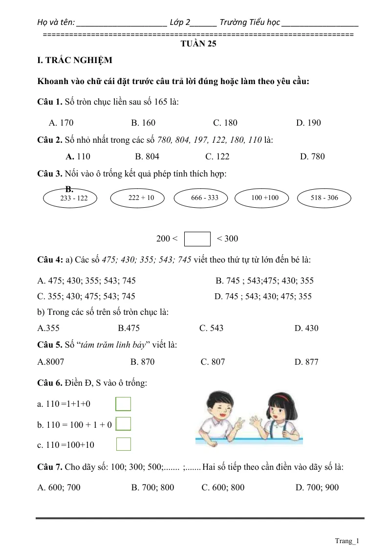Phiếu Cuối Tuần Toán 2 Tuần 25