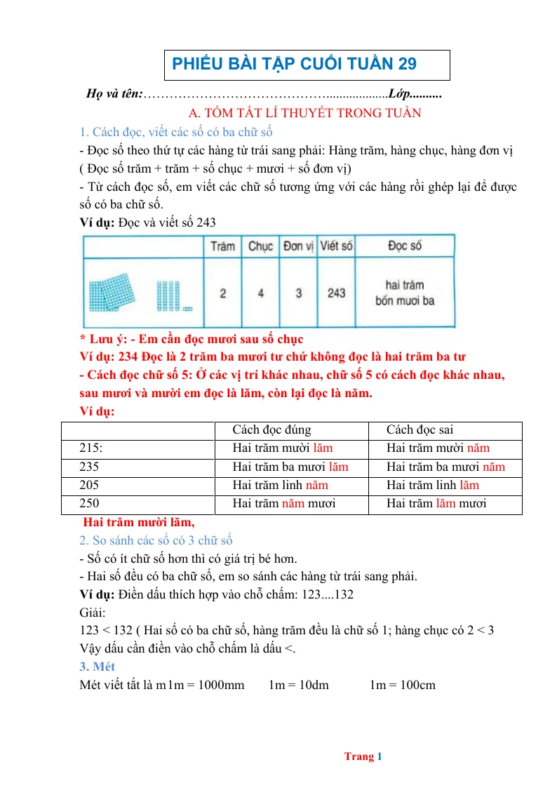 Phiếu Cuối Tuần Toán 2 Tuần 29