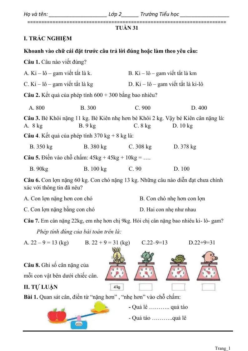 Phiếu Cuối Tuần Toán 2 Tuần 31
