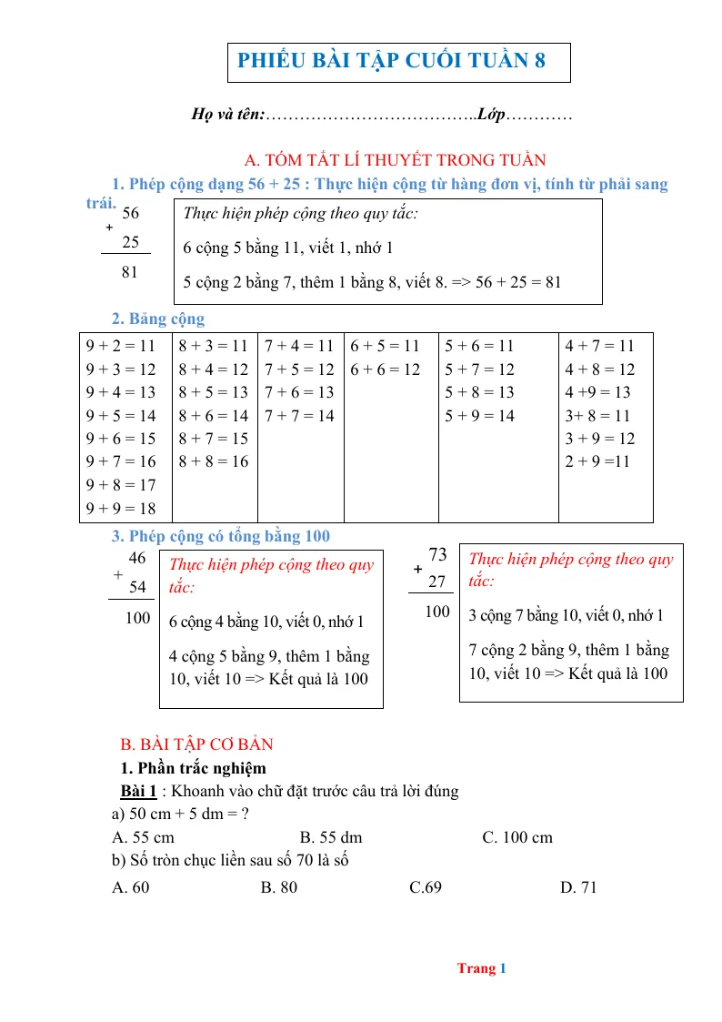 Phiếu Cuối Tuần Toán 2 Tuần 8