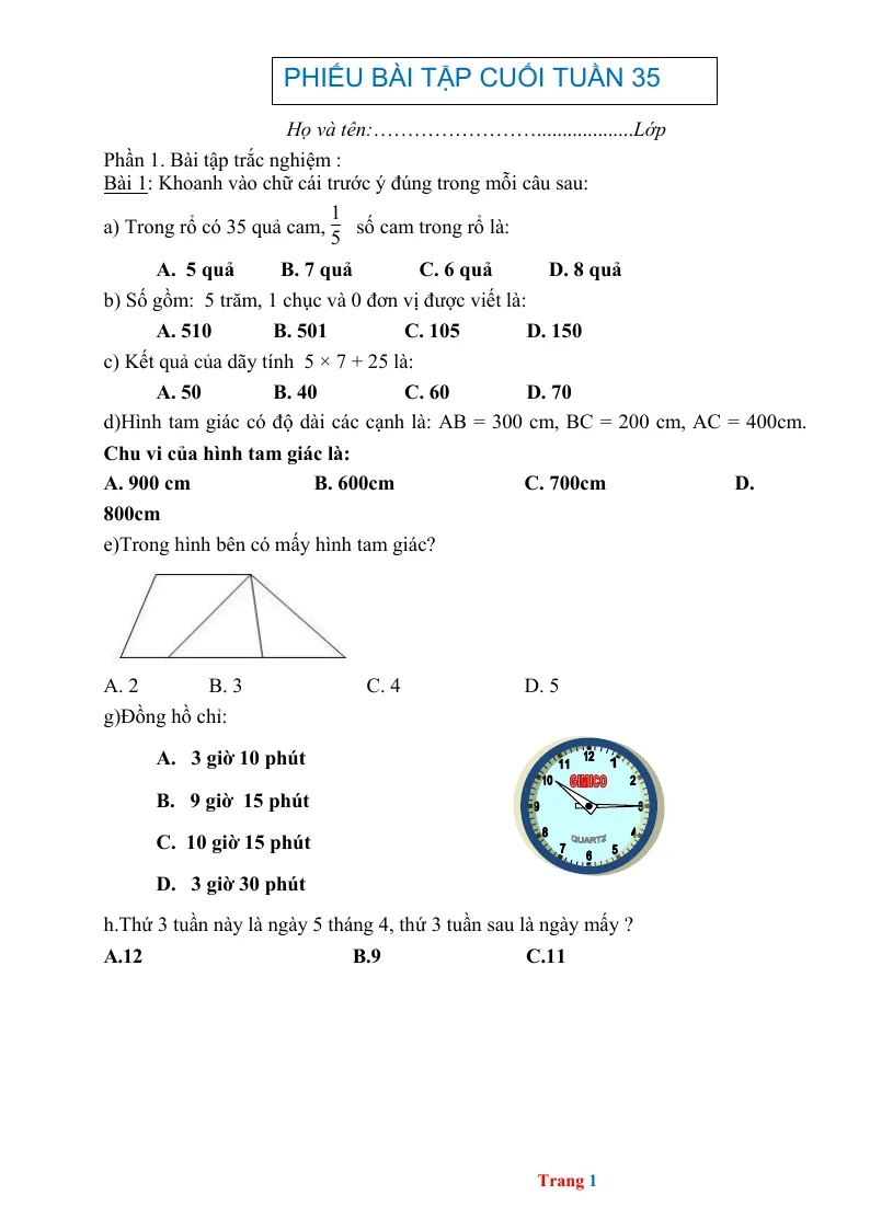 Phiếu Cuối Tuần Toán 2 Tuần 35
