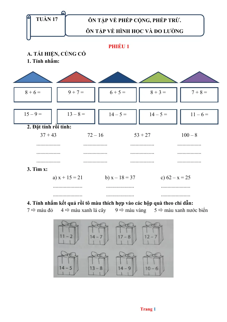 Phiếu Cuối Tuần Toán 2 Tuần 17