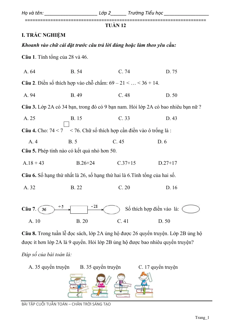 Phiếu Cuối Tuần Toán 2 Tuần 12