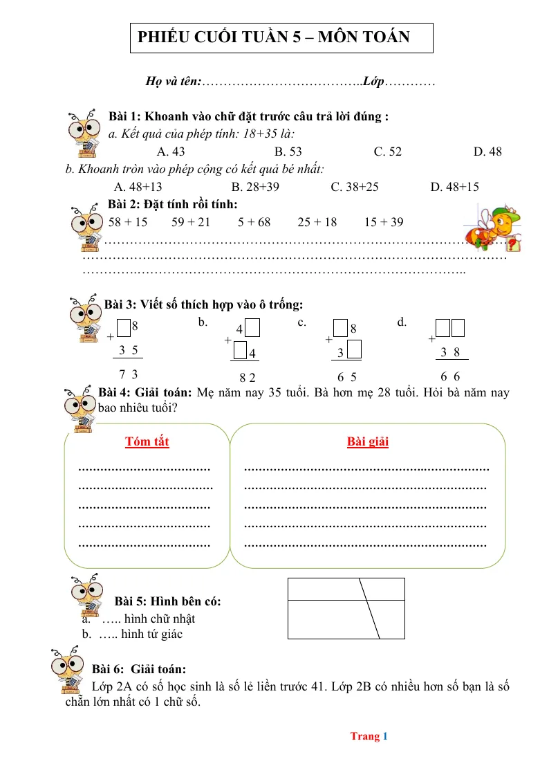 Phiếu Cuối Tuần Toán 2 Tuần 5