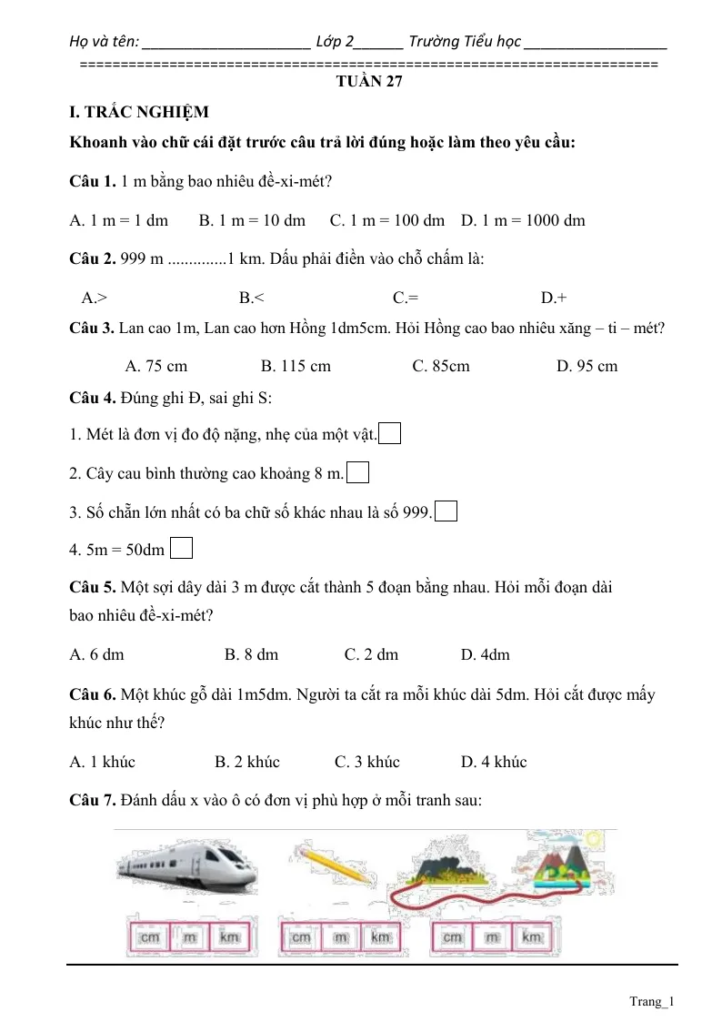 Phiếu Cuối Tuần Toán 2 Tuần 27