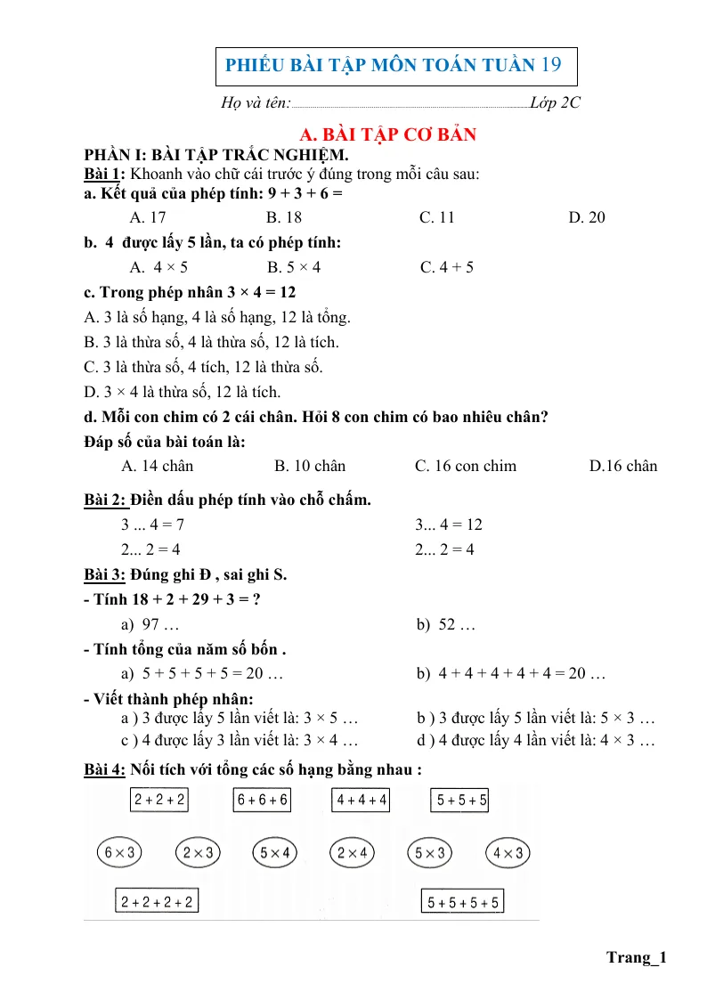 Phiếu Cuối Tuần Toán 2 HK2