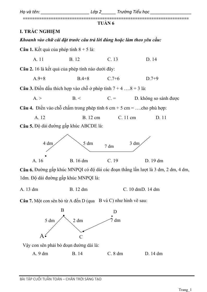Phiếu Cuối Tuần Toán 2 Tuần 6