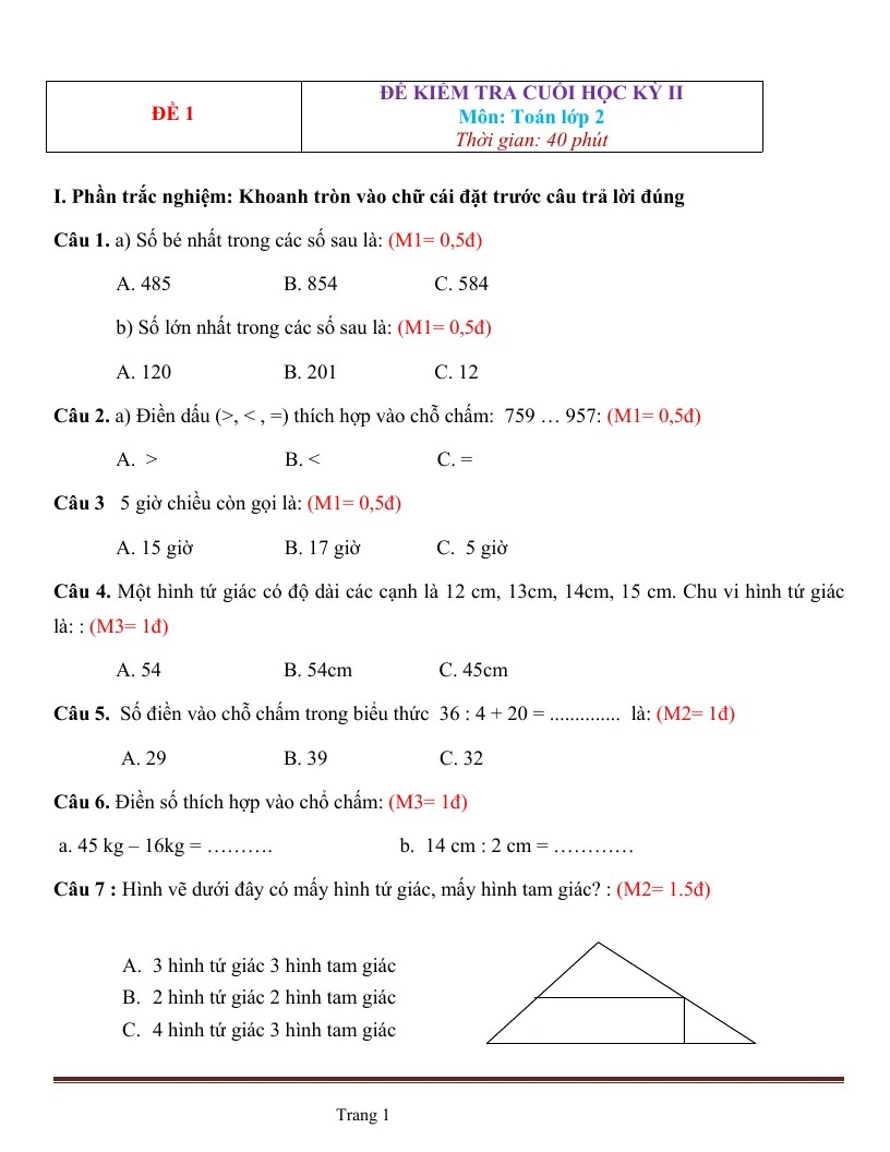 Bộ Đề Thi Môn Toán Lớp 2 Học Kỳ 2 Có Đáp Án (12 Đề Thi)