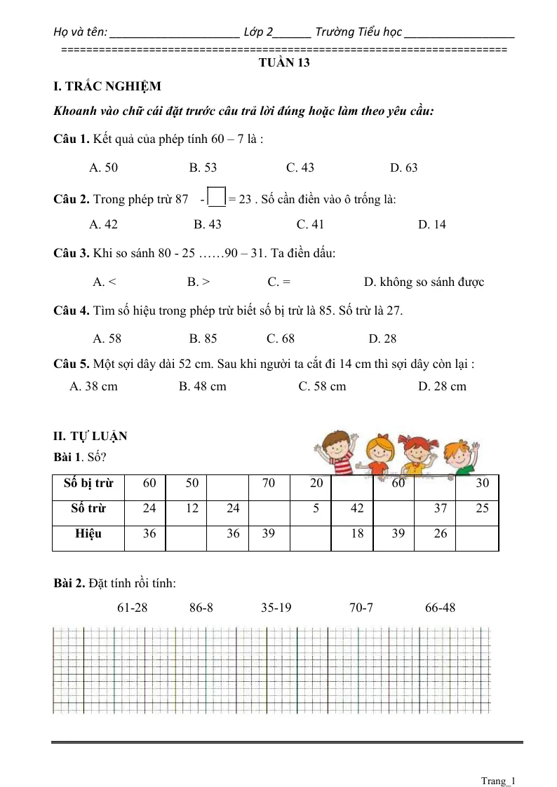 Phiếu Cuối Tuần Toán 2 Tuần 13