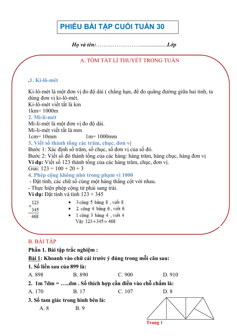Phiếu Cuối Tuần Toán 2 Tuần 30