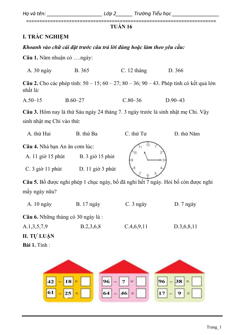 Phiếu Cuối Tuần Toán 2 Tuần 16