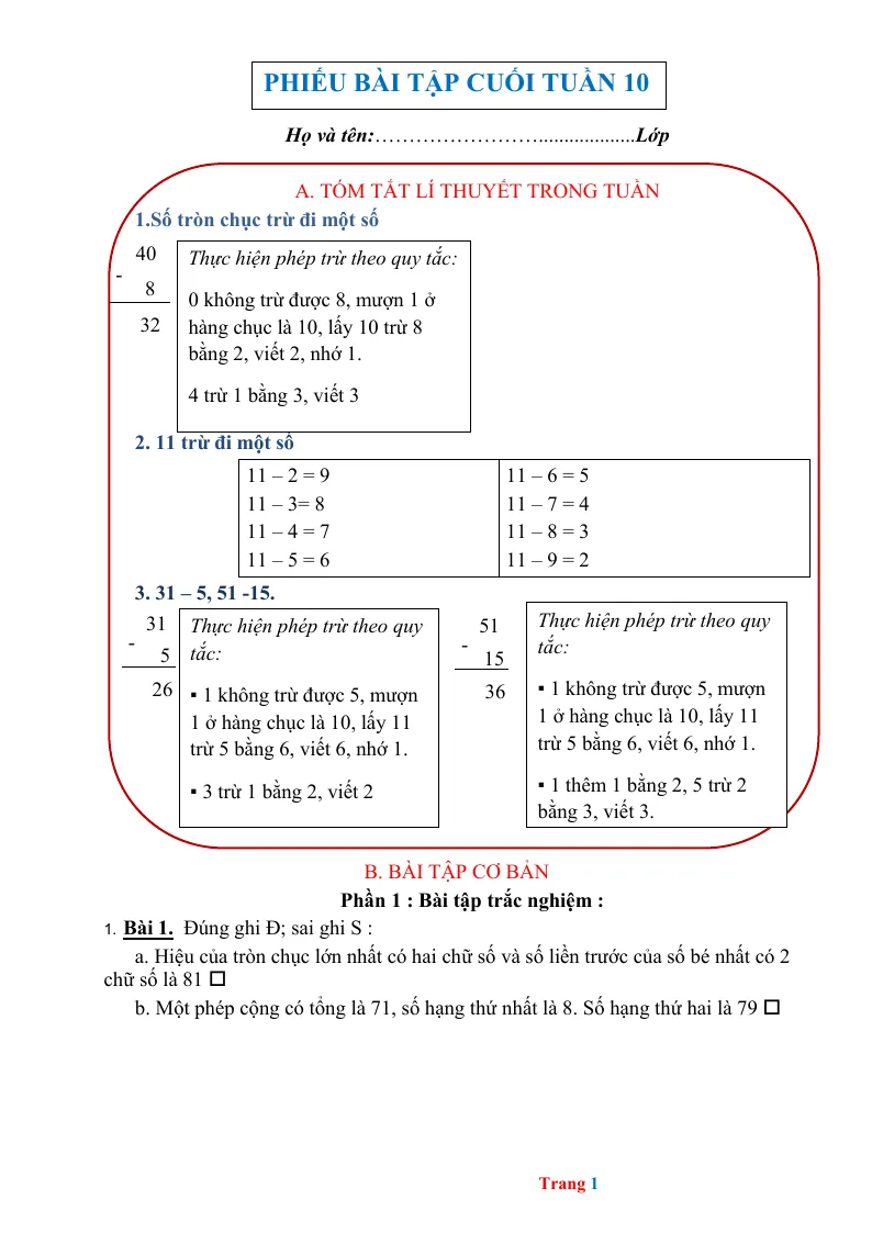 Phiếu Cuối Tuần Toán 2 Tuần 10