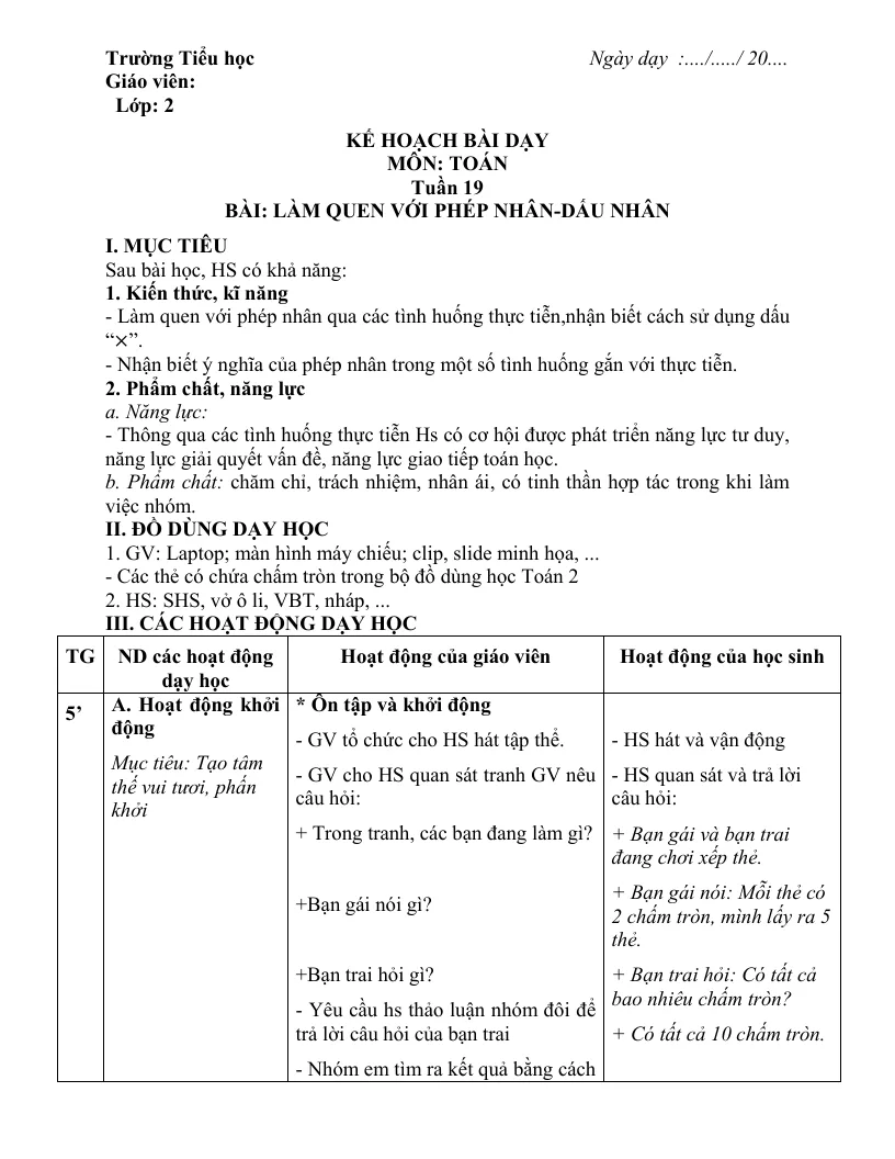 Giáo Án Toán Lớp 2 - 4 Cột Học Kỳ 2 Rất Hay - Bộ 3