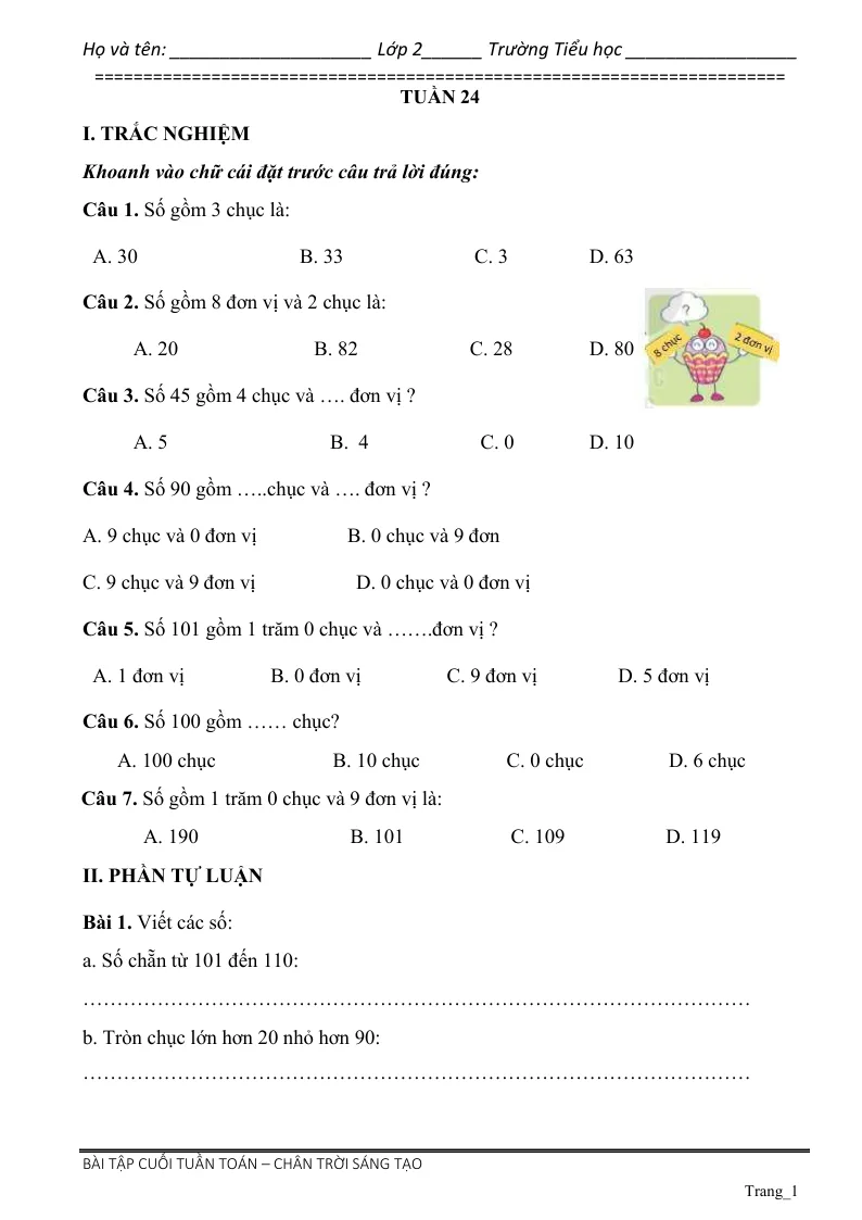 Phiếu Cuối Tuần Toán 2 Tuần 24