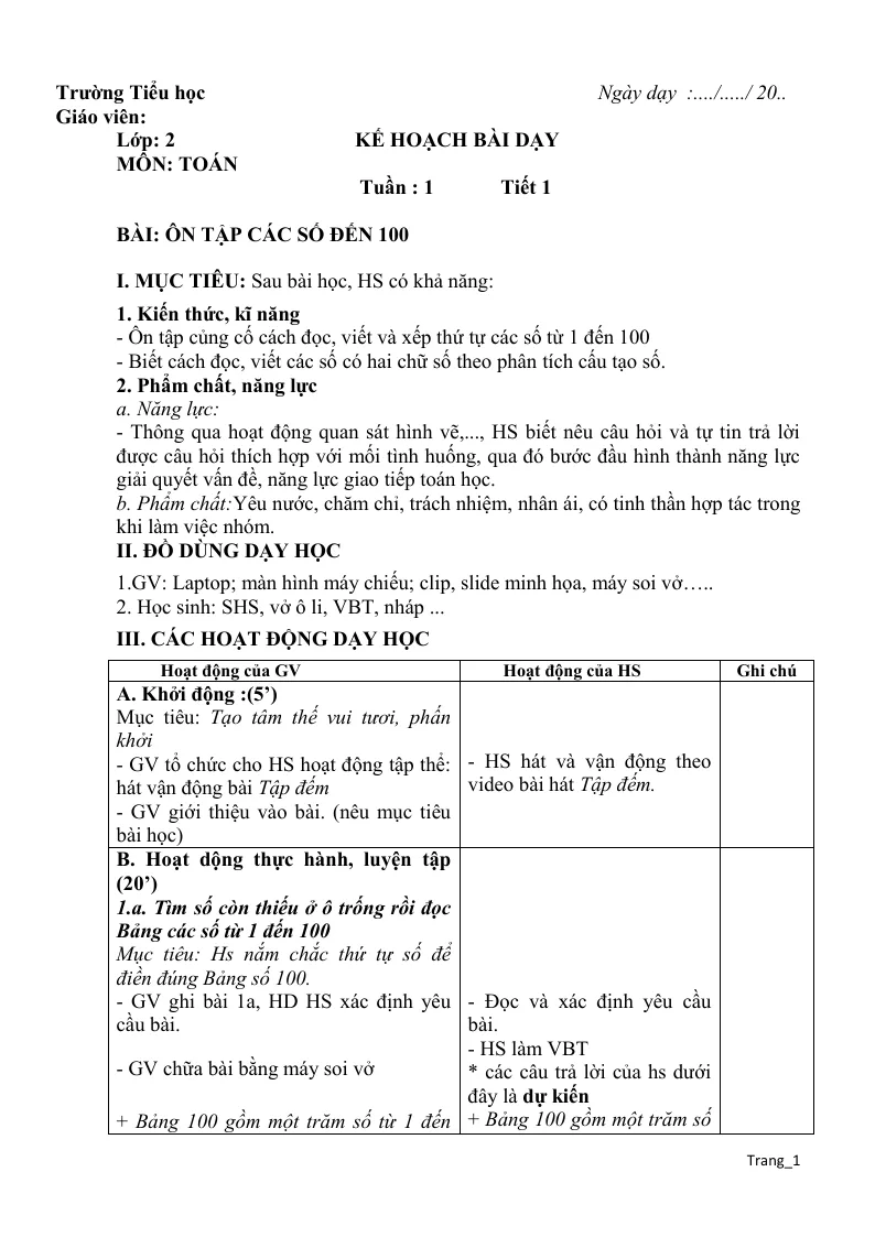 Giáo Án Toán Lớp 2 Sách Học Kỳ 1 Rất Hay - Bộ 2