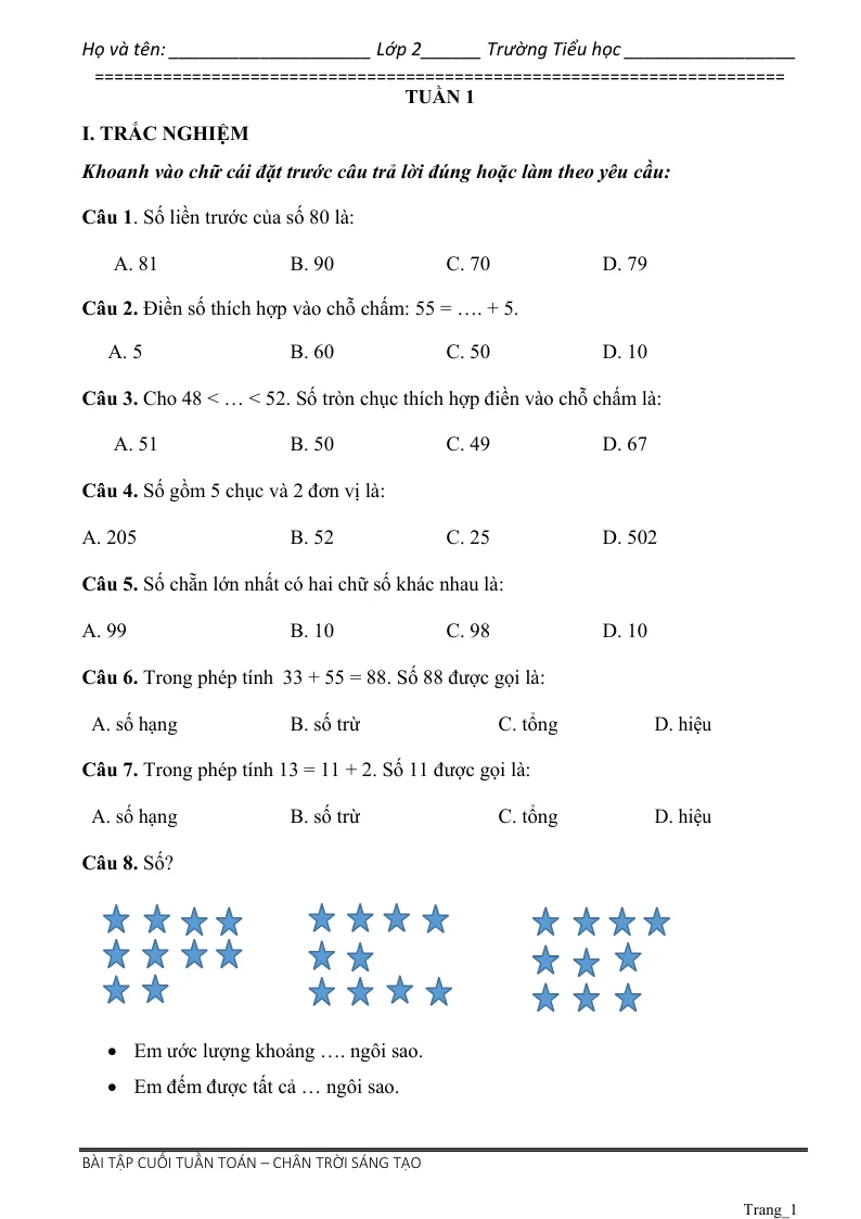 Phiếu Cuối Tuần Toán 2 Tuần 1