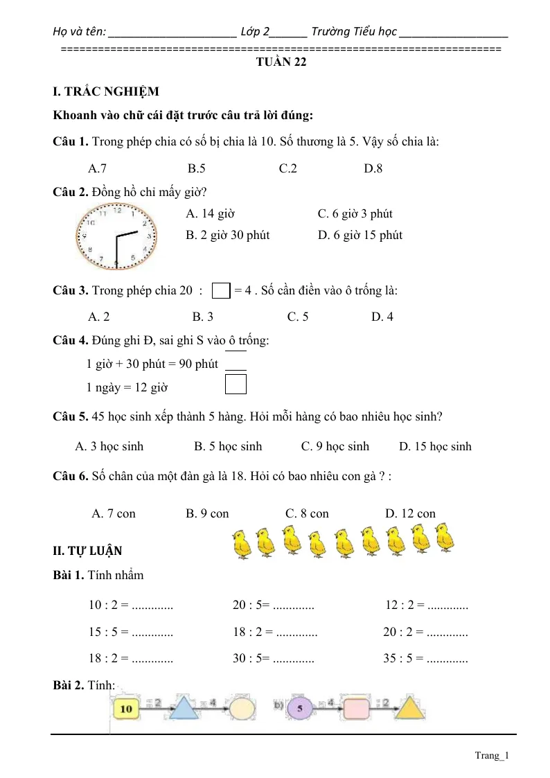 Phiếu Cuối Tuần Toán 2 Tuần 22