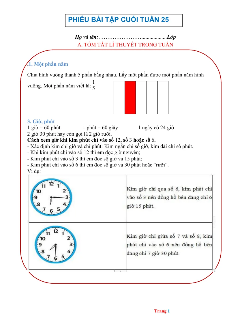 Phiếu Cuối Tuần Toán 2 Tuần 25