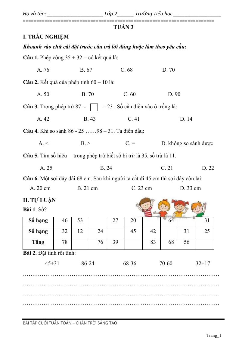 Phiếu Cuối Tuần Toán 2 Tuần 3