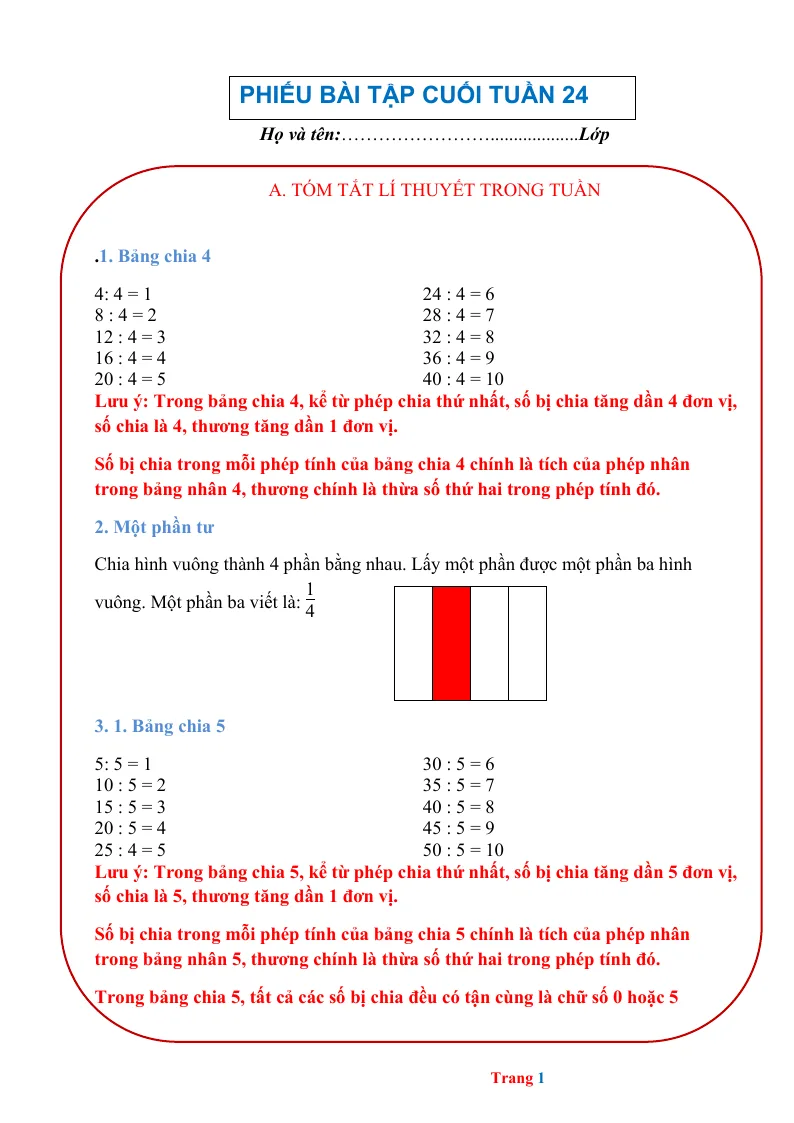 Phiếu Cuối Tuần Toán 2 Tuần 24