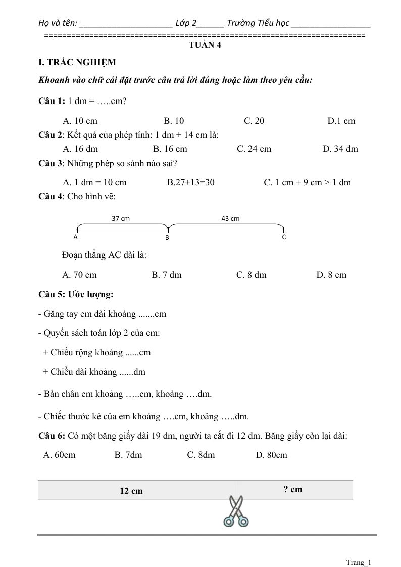Phiếu Cuối Tuần Toán 2 Tuần 4