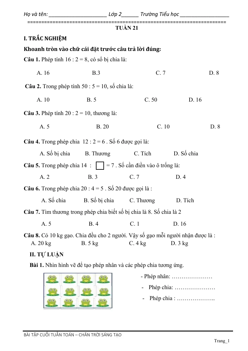 Phiếu Cuối Tuần Toán 2 Tuần 21