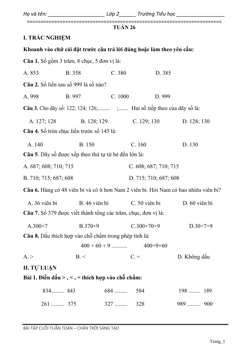 Phiếu Cuối Tuần Toán 2 Tuần 26