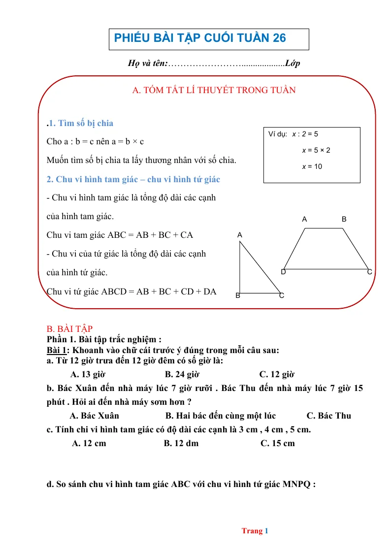 Phiếu Cuối Tuần Toán 2 Tuần 26