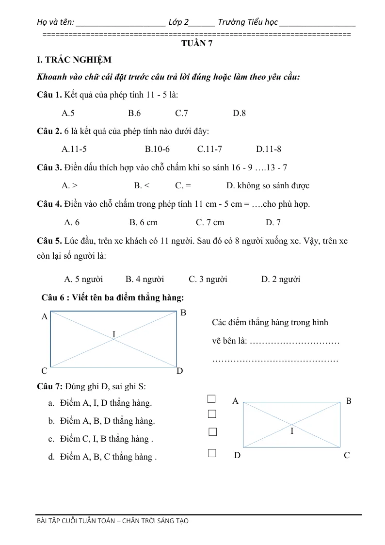 Phiếu Cuối Tuần Toán 2 Tuần 7