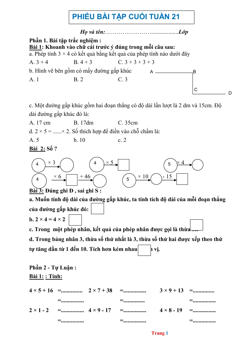 Phiếu Cuối Tuần Toán 2 Tuần 21
