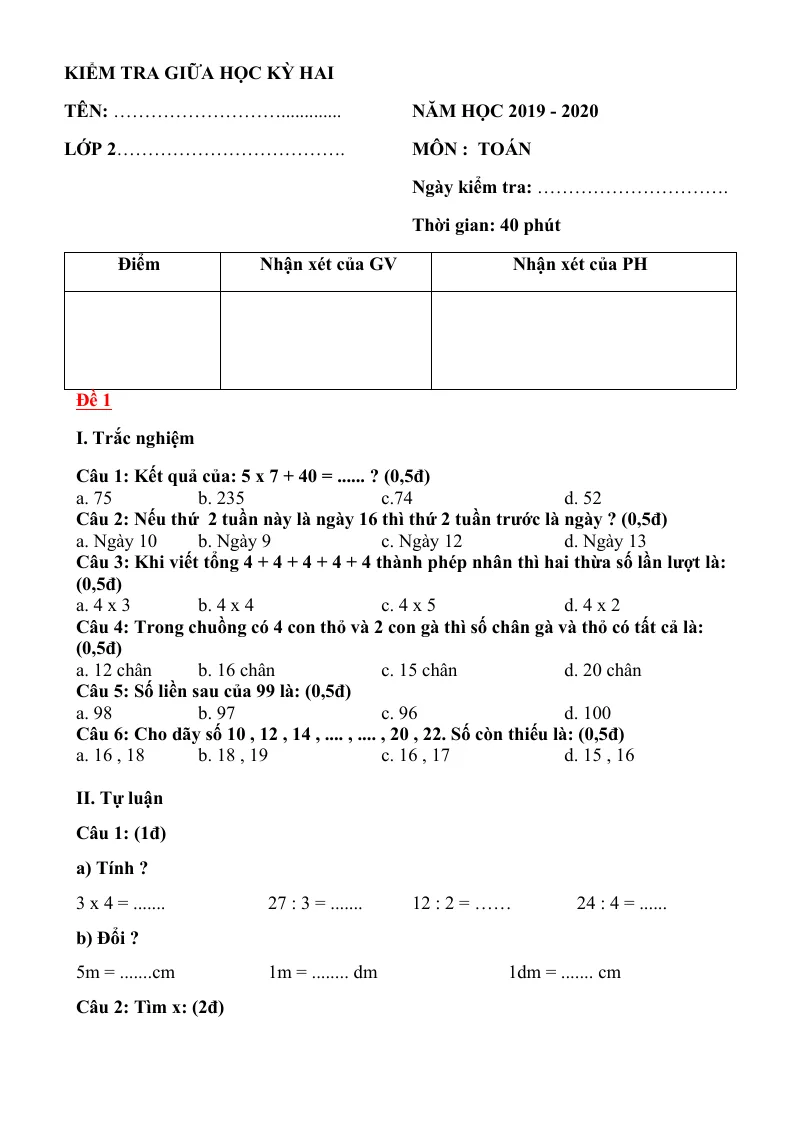 Bộ Đề Kiểm Tra Toán Lớp 2 Giữa Học Kỳ II