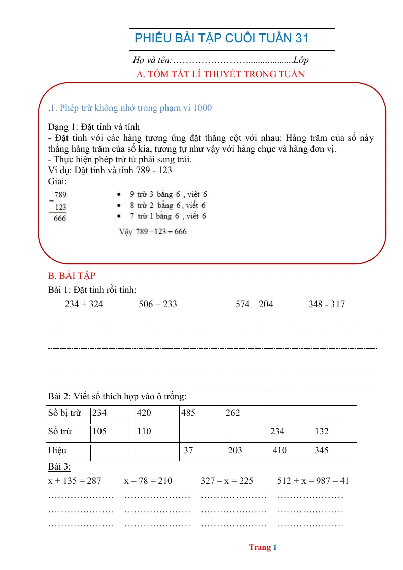 Phiếu Cuối Tuần Toán 2 Tuần 31