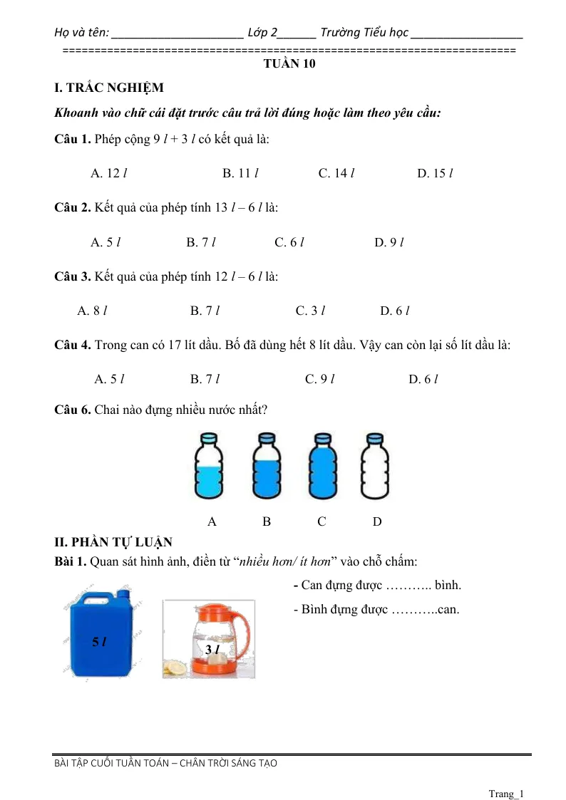 Phiếu Cuối Tuần Toán 2 Tuần 10