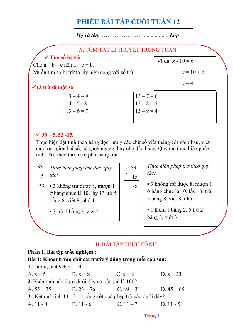 Phiếu Cuối Tuần Toán 2 Tuần 12