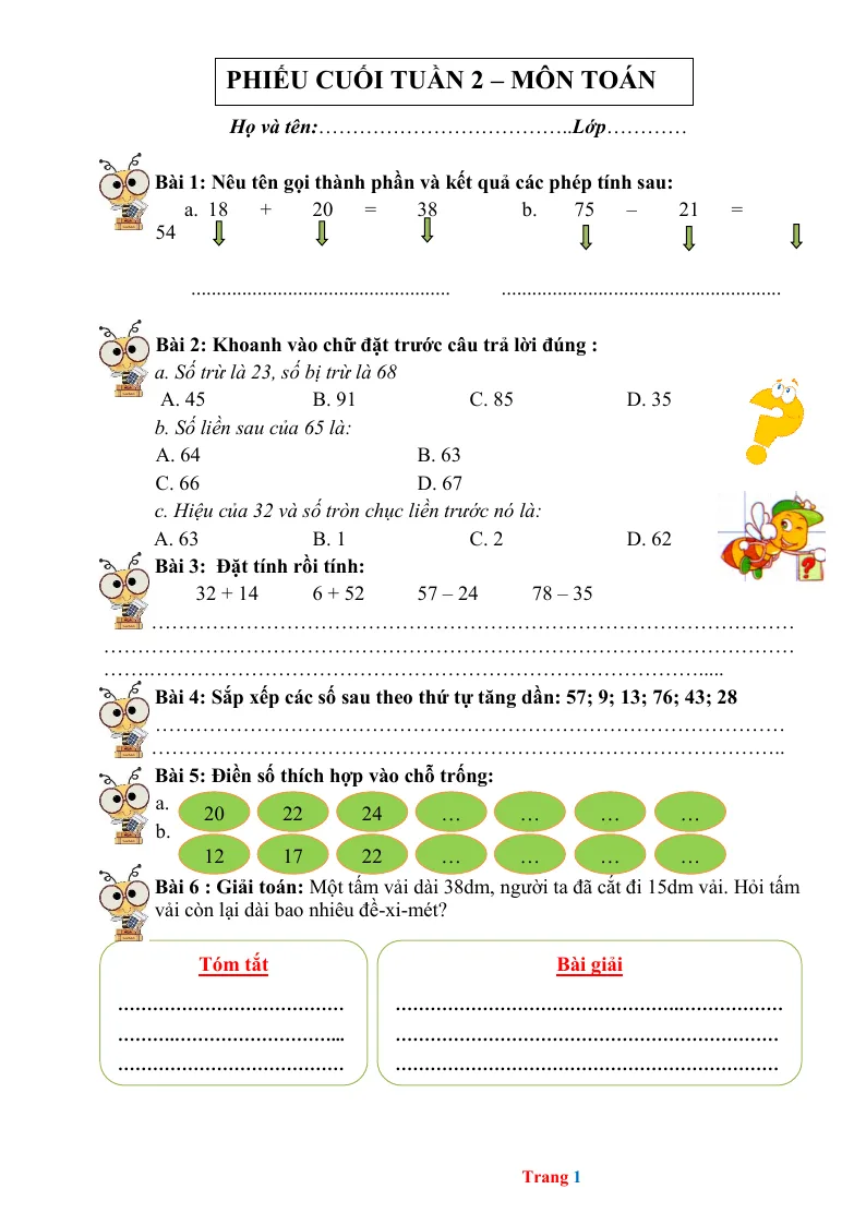 Phiếu Cuối Tuần Toán 2 Tuần 2