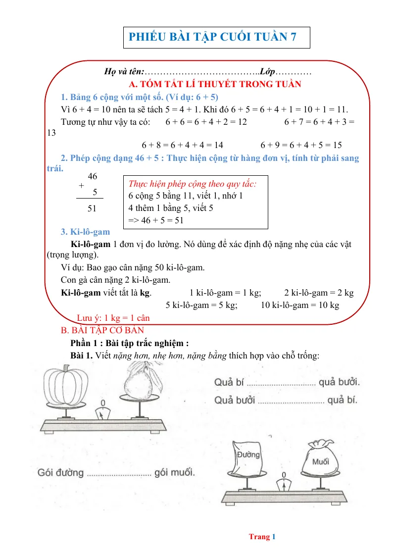 Phiếu Cuối Tuần Toán 2 Tuần 7