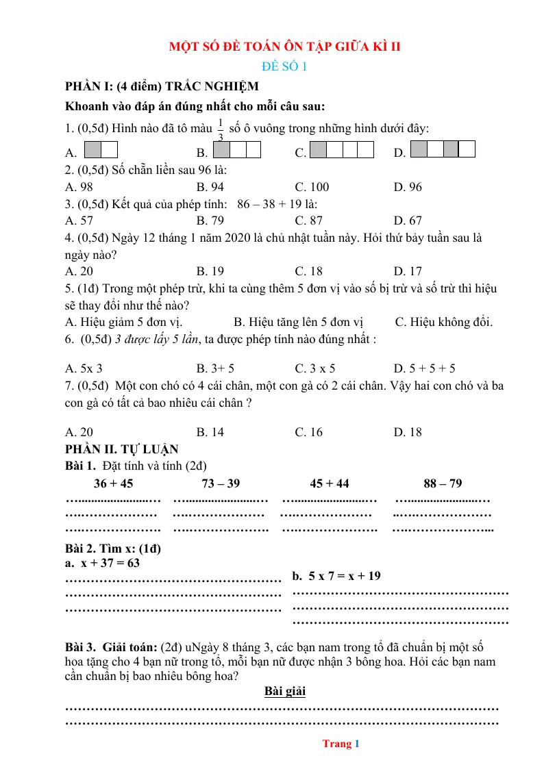 Bộ Đề Thi Giữa Học Kỳ 2 Toán 2