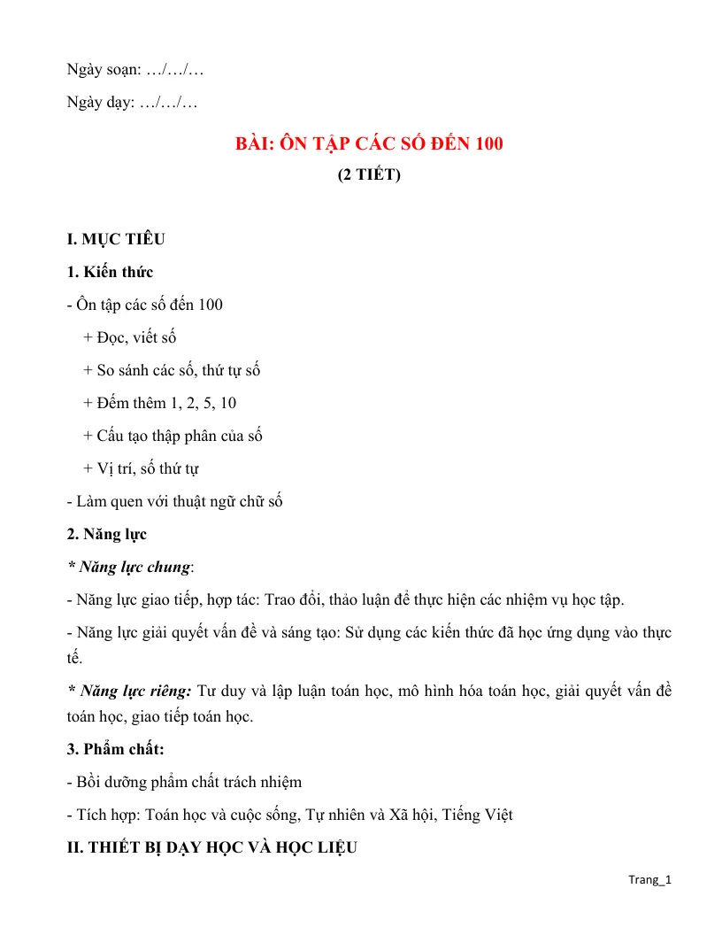 Giáo Án Toán Lớp 2 Học Kỳ 1 Rất Hay - Bộ 1