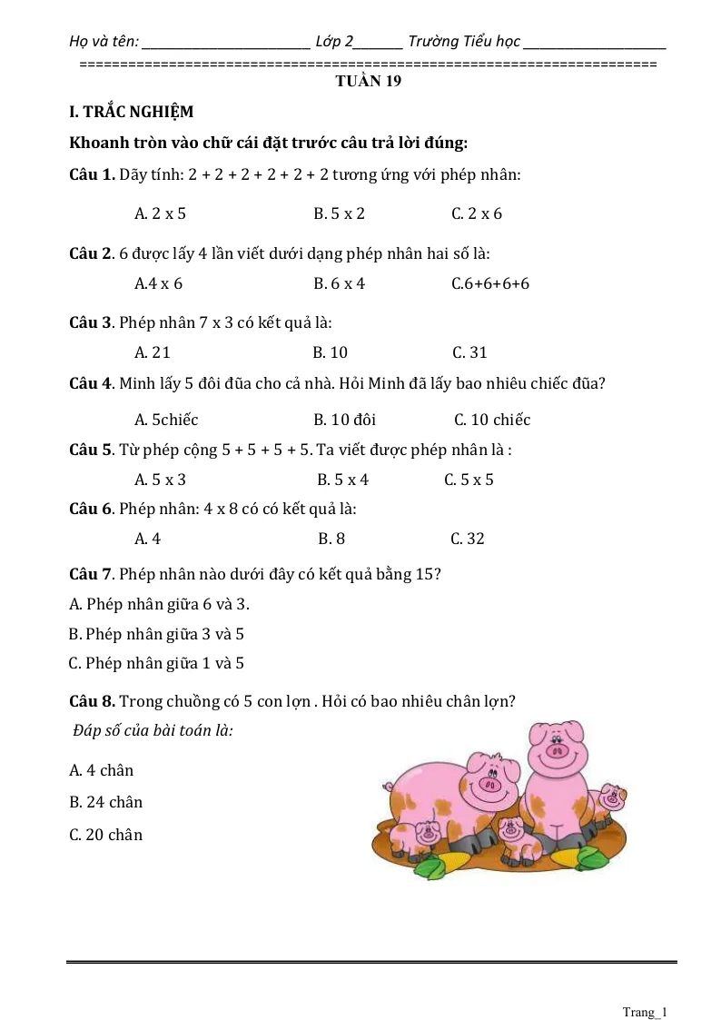 Phiếu Cuối Tuần Toán 2 Tuần 19