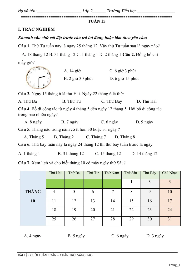 Phiếu Cuối Tuần Toán 2 Tuần 15