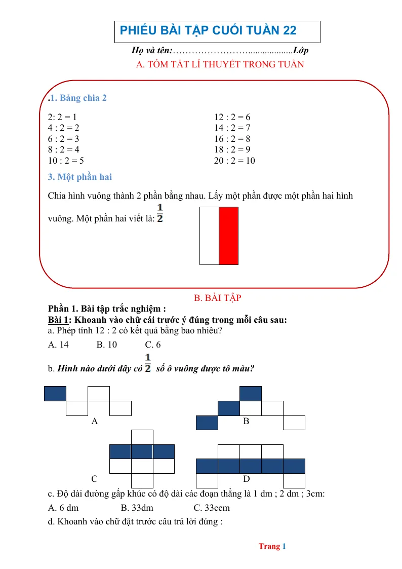 Phiếu Cuối Tuần Toán 2 Tuần 22
