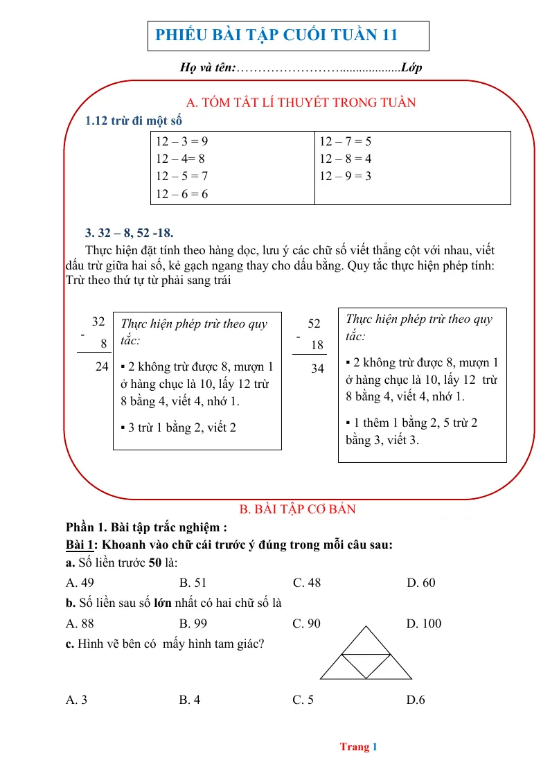 Phiếu Cuối Tuần Toán 2 Tuần 11