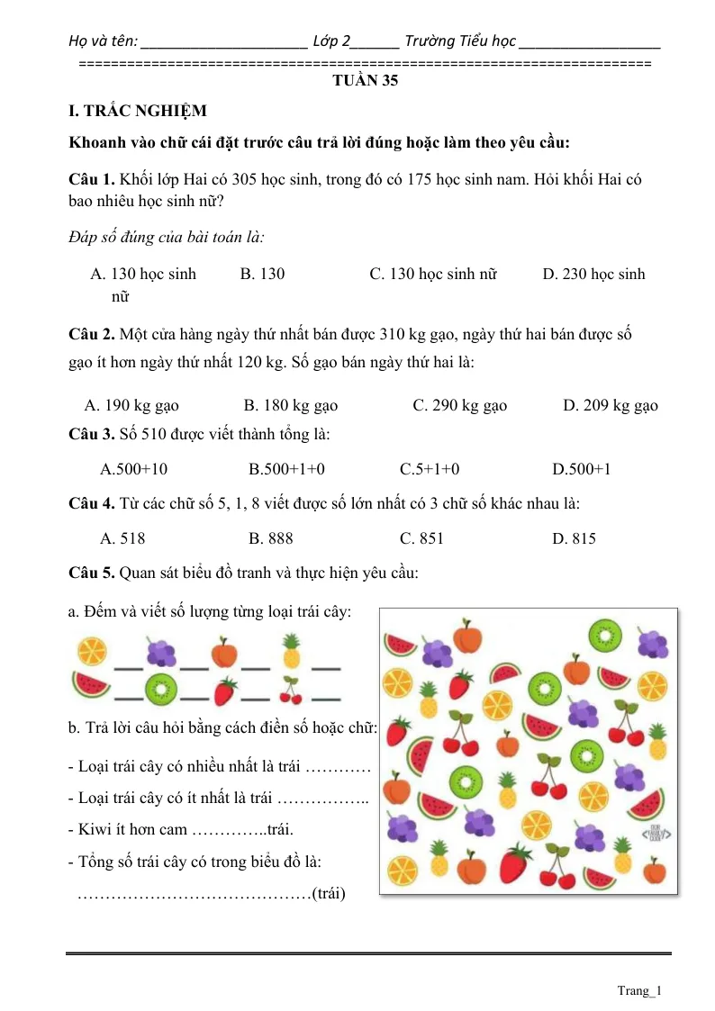 Phiếu Cuối Tuần Toán 2 Tuần 35