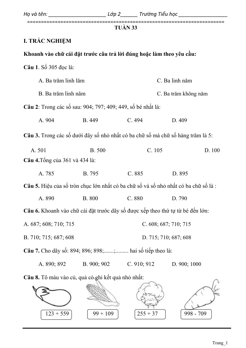 Phiếu Cuối Tuần Toán 2 Tuần 33