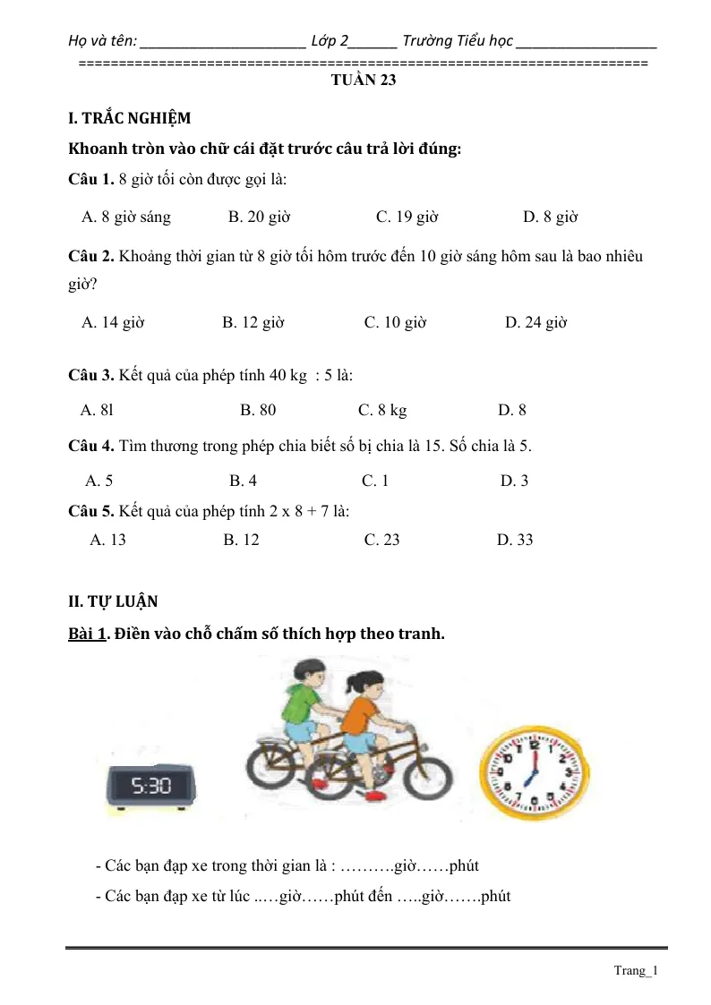 Phiếu Cuối Tuần Toán 2 Tuần 23