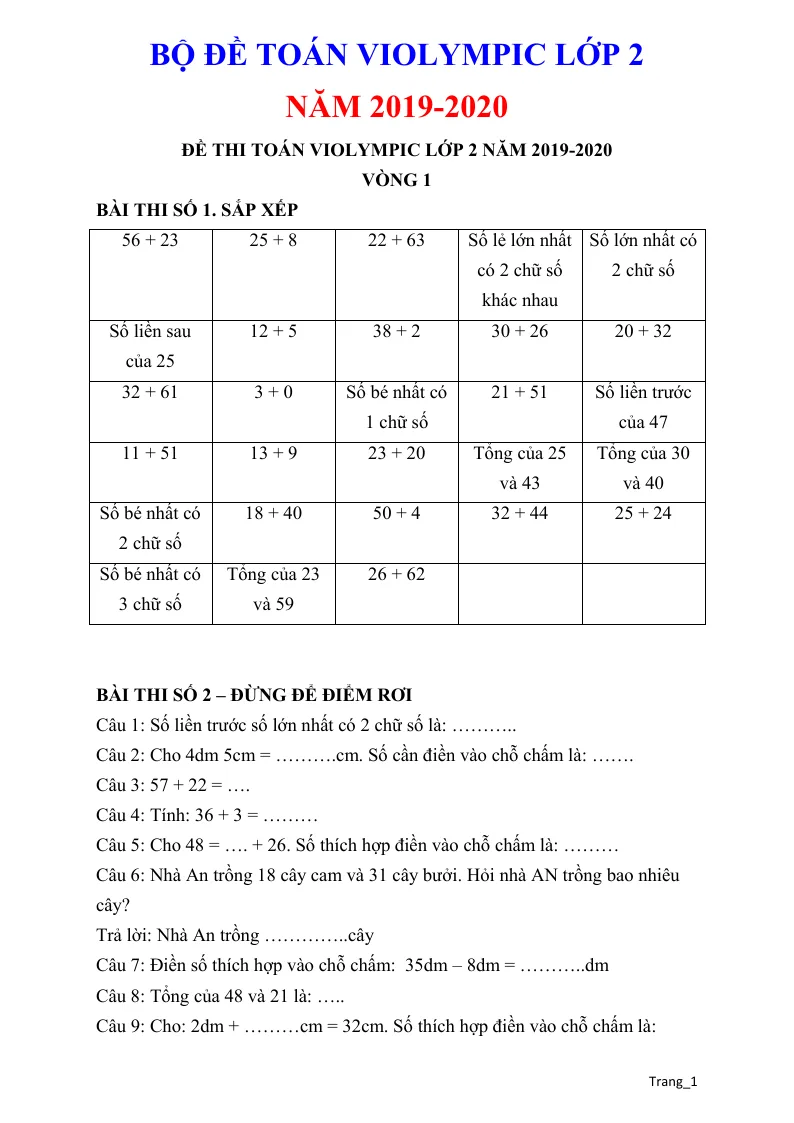 Bộ Đề Thi Violympic Toán Lớp 2 Vòng 1 Đến 10 Năm 2019 - 2020