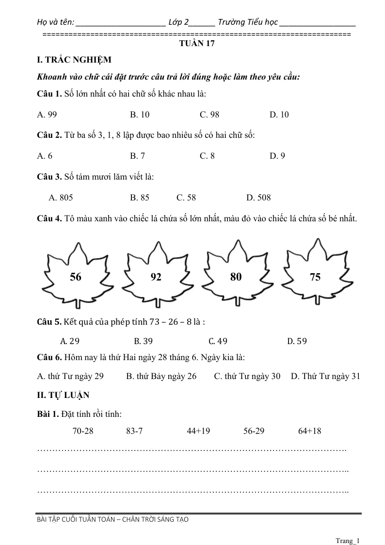 Phiếu Cuối Tuần Toán 2 Tuần 17