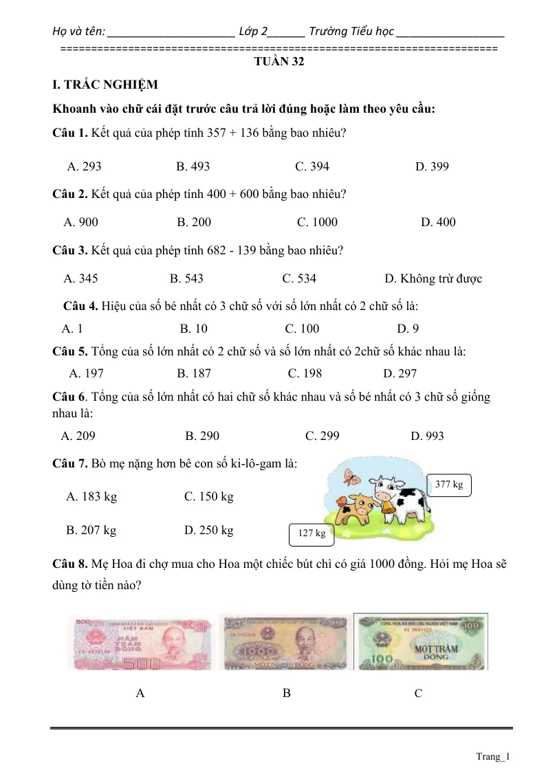 Phiếu Cuối Tuần Toán 2 Tuần 32