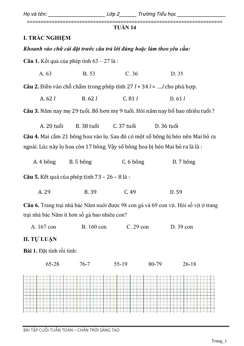 Phiếu Cuối Tuần Toán 2 Tuần 14